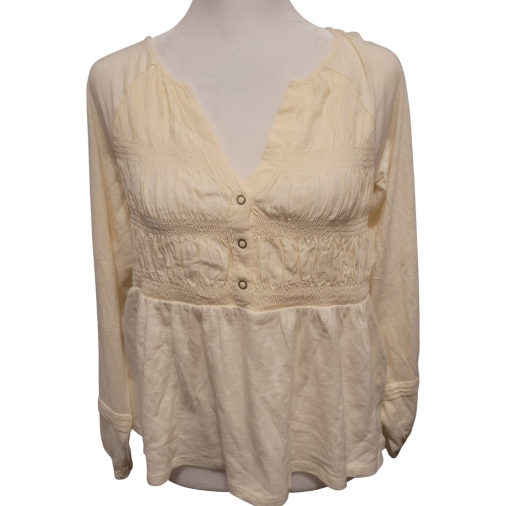 True Craft Blouse Women's Beige Extra Small Long Sleeve Ribbed Boho Cream Artsy
